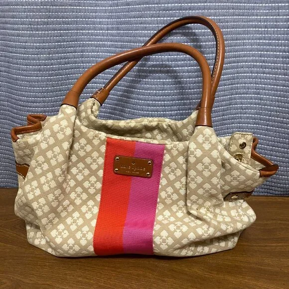 Large Kate Spade Tote Bag Brown Leather & Canvas W/ Wallet & Dust Bag - Picture 6 of 13